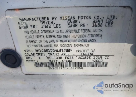 2004 Nissan Sentra 1.8S из США, поврежденный, VIN 3N1CB51D04L827384